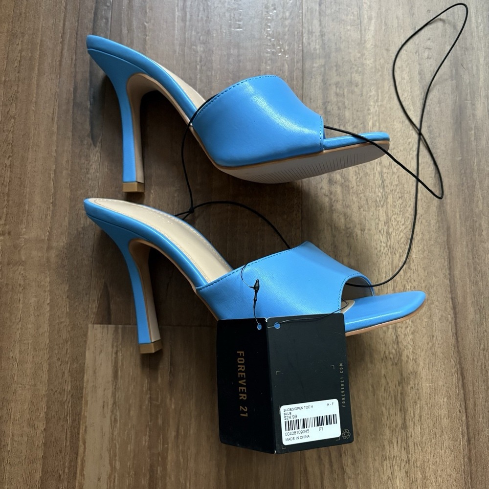 Forever 21 Womens Open Toe Heels Size 7 Blue Faux Leather Square Toe Slip On NWT